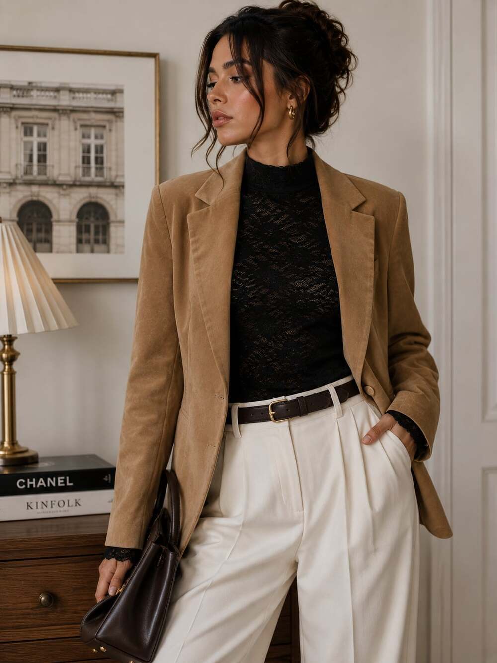 Azieno Camel Faux Suede Blazer Jacket Women’s L Quiet Luxury Old Money